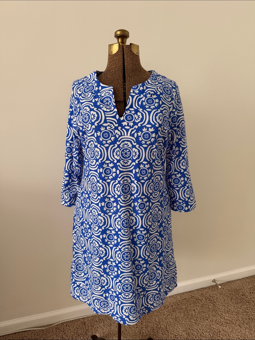 Jude Connally Blue and White Geometric Print Dress